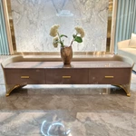Cream Ribbed-Front TV Stand with Raised Top Border and Arch Metal Legs